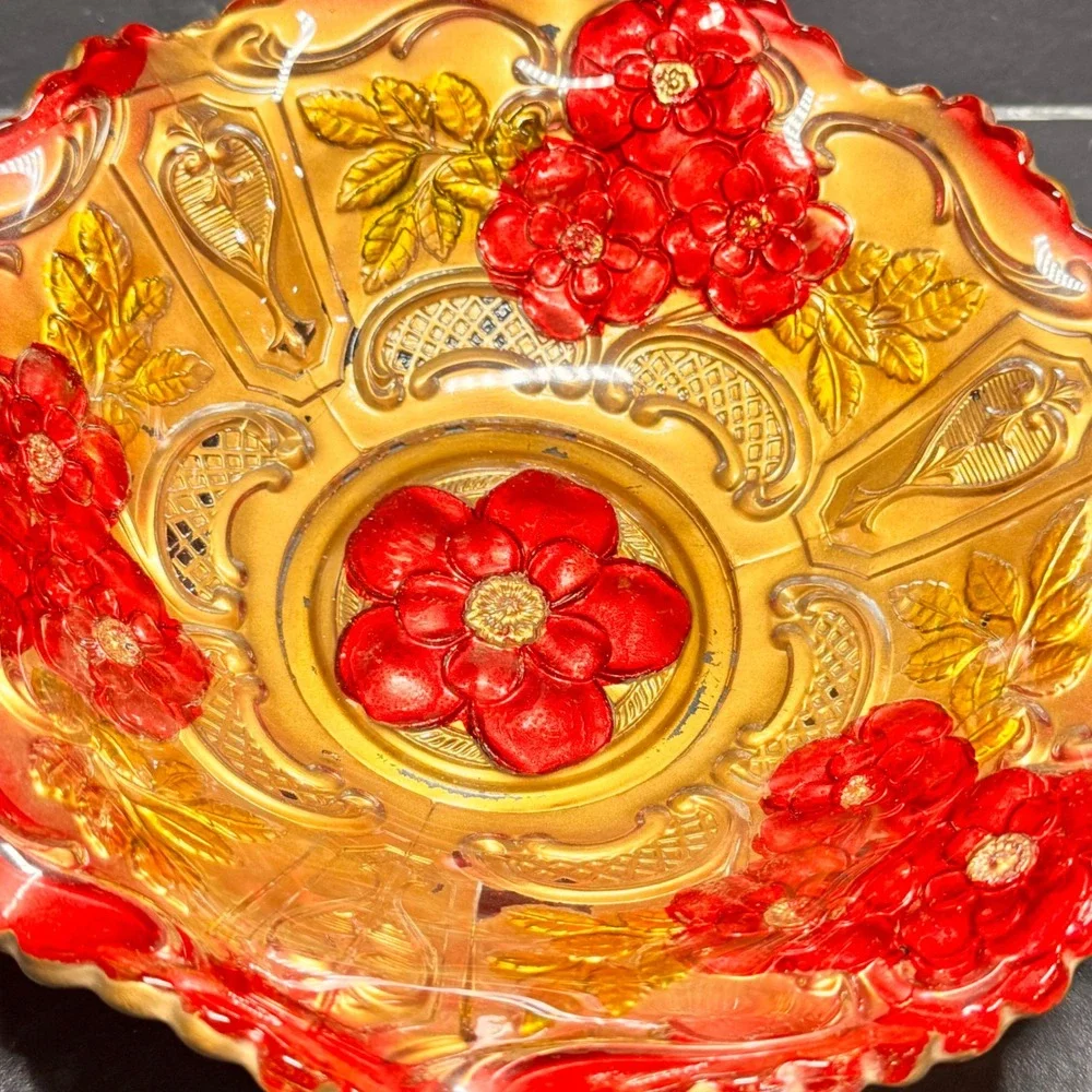 Vintage Goofus Glass Embossed Gold Flower Candy Dish Trinket Bowl‎ Red Accent